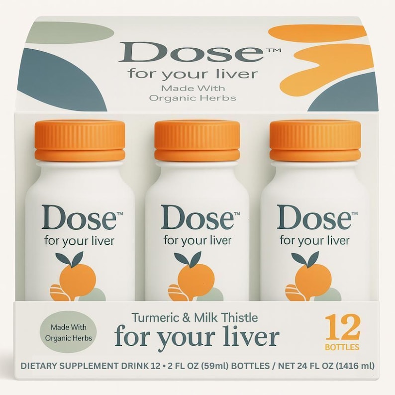 May include: A white box set containing three small white bottles with orange caps. Each bottle is labeled "Dose for your liver" with a graphic of an orange fruit. The box reads "Turmeric & Milk Thistle for your liver" and "12 bottles".