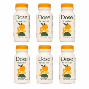 May include: Six white bottles with orange caps are arranged in two rows. Each bottle has the text "Dose for your liver" and a graphic of an orange, ginger, and other elements. The bottles contain 2 fl oz (59 ml) of dietary supplement.