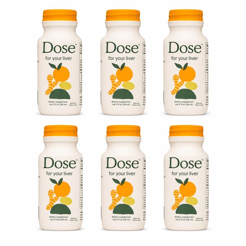 May include: Six white bottles with orange caps are arranged in two rows. Each bottle has the text "Dose for your liver" and a graphic of an orange, ginger, and other elements. The bottles contain 2 fl oz (59 ml) of dietary supplement.