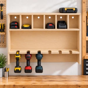 May include: A light-colored wooden wall-mounted tool organizer featuring an upper shelf with six compartments for batteries and chargers, and a lower rack with five circular cutouts designed to hold power drills by their handles.