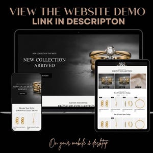 May include: A laptop, tablet, and smartphone displaying a jewelry website interface. The screens show a new collection banner with a gold diamond ring, and a shop by collection page featuring various gold earrings, necklaces, and rings.