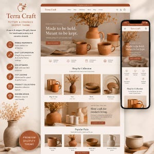 Może przedstawiać: Cyfrowa prezentacja motywu Shopify Terra Craft dla ceramiki, przedstawiająca układ strony internetowej ze zdjęciami kubków, wazonów i misek w odcieniach ziemi, wraz z widokiem mobilnym oraz listą funkcji motywu.