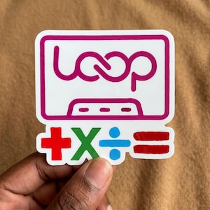 May include: A white rectangular sticker with a magenta outline featuring the word loop in a stylized magenta font. Below the word, a series of colorful mathematical symbols are displayed, including a red plus sign, a green multiplication sign, a blue division sign, and two red horizontal bars representing an equals sign.
