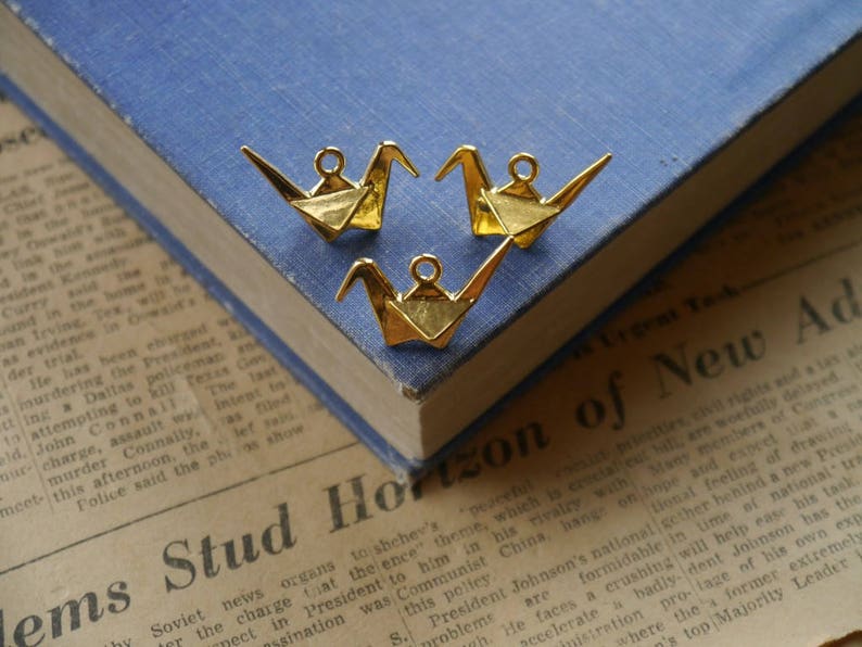 6pcs Gold Origami Crane Charms 3D 27mm GC2879