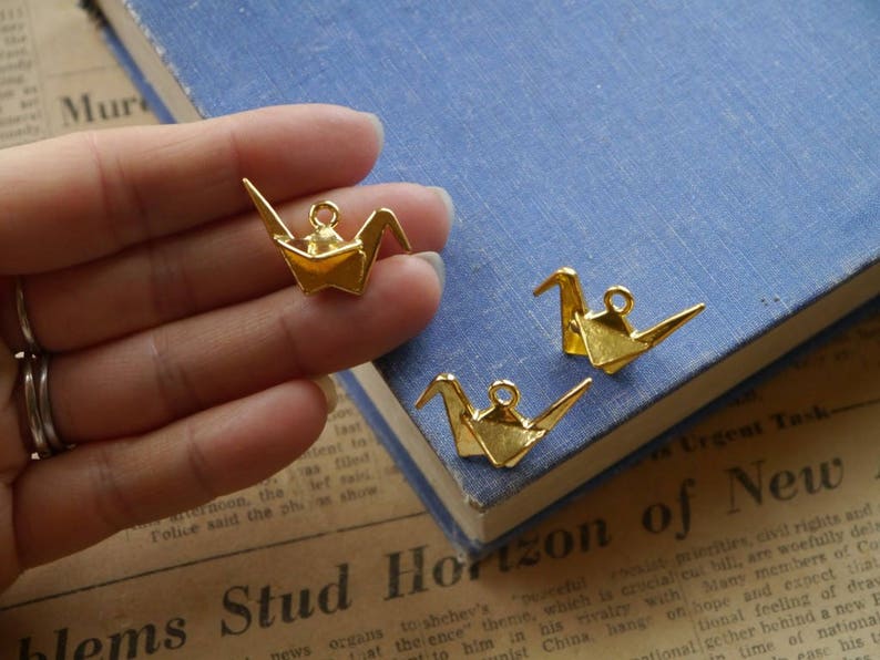 6pcs Gold Origami Crane Charms 3D 27mm GC2879