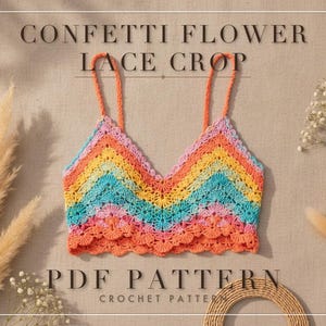 Crochet Crop Top Pattern, Confetti Flower Boho Bralette PDF, 4 Languages, Beach Tutorial