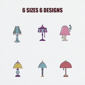 May include: An image featuring six different lamp designs in various colors, including green, pink, yellow, and red. Each lamp has a unique shade and base design. The text "6 SIZES 6 DESIGNS" is displayed at the top of the image.