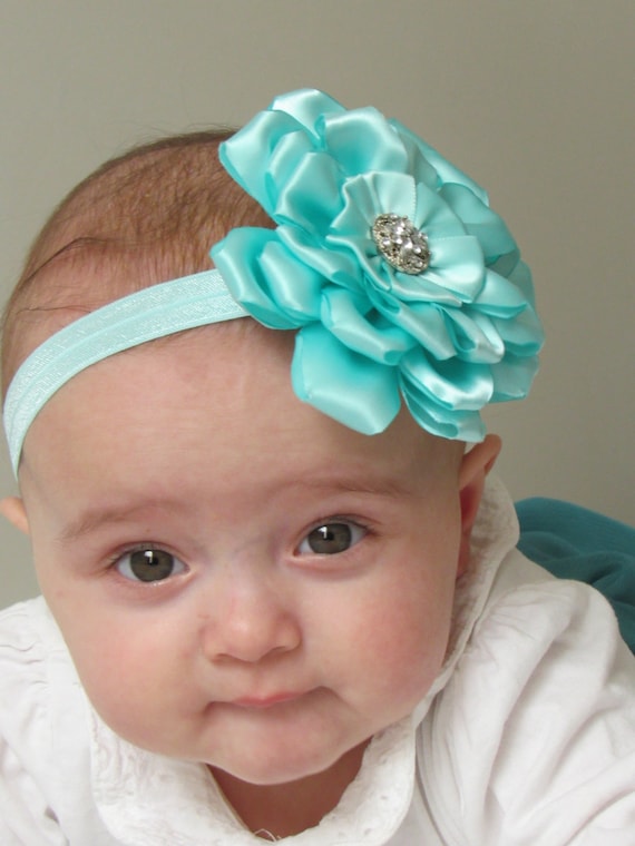 Handmade baby-girl satin aqua flower headband | Etsy
