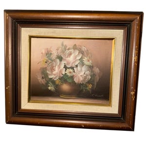 Natura morta floreale originale di T. Hewitt, dipinto ad olio vintage con rose incorniciate - York Gallery