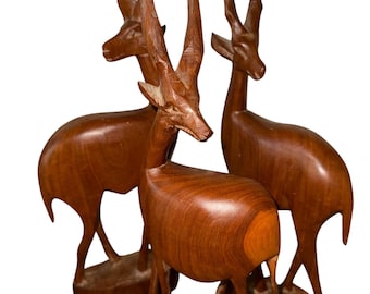 Vintage Hand carved wooden Gazelle statues set of 3 mid century modern decor made in Kenya