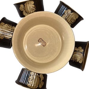 Juego de cerámica vintage Denby “Romany”, plato para soufflé y ramequines, juego de postre de gres hecho a mano de 6 piezas, estilo retro de los años 70, cerámica Denby Rose.