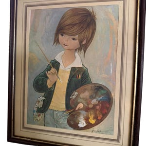 Vintage 1970s Jandro big eye art print framed, mid century modern kitsch boy artist painting retro nursery gallery wall decor