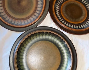Vintage Goebel Oeslauer Manufaktur Wallis Plates set of 3 Mid Century Modern West Germany Pottery brown and green ceramic dinnerware retro