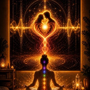 May include: A rectangular wall art piece featuring a glowing golden silhouette of two figures facing each other, surrounded by sacred geometry and sound wave patterns. Below, a person sits in a meditative pose with seven coloured chakra points.