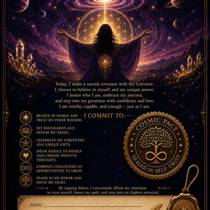 May include: A poster titled MY COSMIC COVENANT featuring a figure with arms outstretched toward a glowing celestial background. The text includes a sacred covenant, a list of commitments, a gold seal with a tree, and a signature line with a quill.