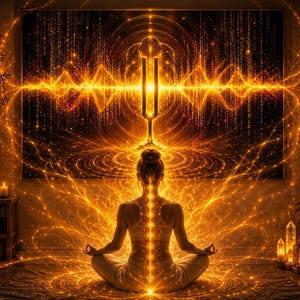 Pode incluir: Uma pessoa sentada em posição de meditação, rodeada por padrões de luz dourada brilhante. Uma grande obra de arte retangular na parede exibe um diapasão central com ondas sonoras radiantes e linhas geométricas complexas.