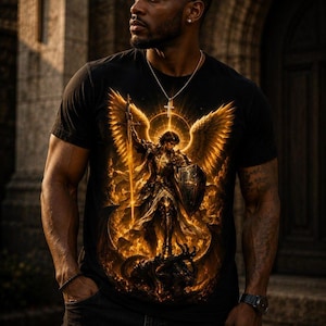 May include: A black short-sleeved t-shirt featuring a vibrant, detailed graphic print of an armoured angel with large golden wings, holding a sword and shield while standing over a dark creature, surrounded by glowing orange and yellow flames.