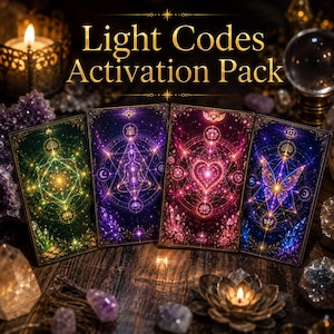 May include: Four rectangular cards titled Light Codes Activation Pack, each featuring intricate gold geometric patterns, glowing symbols, and vibrant colors including green, purple, pink, and blue, with crystal and floral motifs.