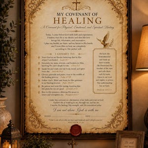 May include: A framed parchment-style document titled My Covenant of Healing with a cross, a dove illustration, and religious text. The document includes a commitment section, scripture references, and a space for a signature and date, all set in a dark frame.
