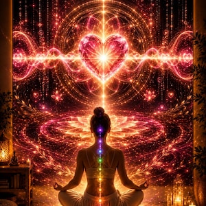 May include: A rectangular wall tapestry featuring a vibrant, glowing heart at the center surrounded by intricate golden geometric patterns, light rays, and floral motifs against a dark background, creating a radiant, luminous visual effect.