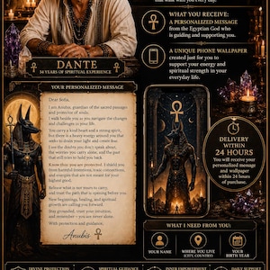 Könnte beinhalten: Ein digitaler Flyer mit dem Titel Which Egyptian God Is Guiding You? zeigt einen Mann namens Dante, eine persönliche Nachricht von Anubis und ein Smartphone mit einem Anubis-Hintergrundbild. Das Layout enthält Symbole für göttlichen Schutz.