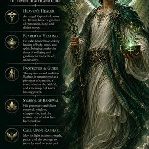 Puede incluir: Un póster que representa al arcángel Rafael con grandes alas, vistiendo una túnica blanca y una capa verde. Sostiene un bastón y un cuenco con una planta. El texto incluye 'Archangel Raphael', 'The Divine Healer and Guide' y varias secciones.