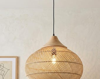 Grote bamboe hanglamp - Japandi Wabi Sabi-plafondlamp, handgeweven rotan boho-hanglamp, decor lampenkap natuurlijk hout