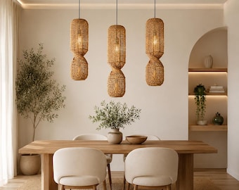Wabi Sabi Rattan Kronleuchter, japanische Pendelleuchte, Boho Hängelampe, Japandi Decke, rustikaler Korb Kronleuchter, Esszimmer Beleuchtung
