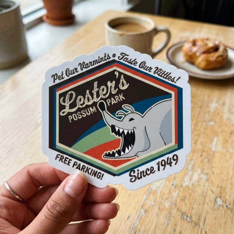 Lester Crest Sticker Lester's Possum Park Sticker, Kiss-cut Sticker, Logo Vinyl Stickers ...