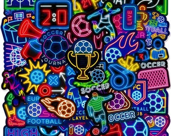 50PCS Soccer Stickers World Cup 2026, Neon Football Vinyl Decals for Water Bottles, Scrapbook, Team Gifts Kids & Teens.