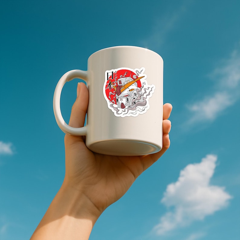 May include: A white ceramic mug featuring a graphic illustration of a white and yellow robot head set against a red circular background with grey smoke swirls and the Japanese characters 日本 printed in black on the left side of the design.