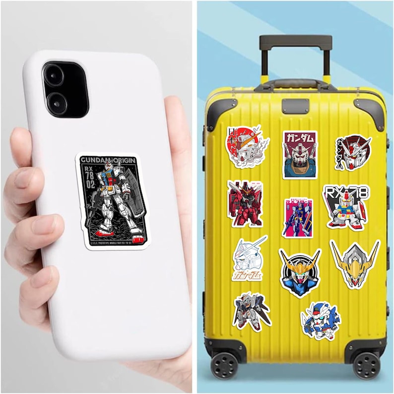 May include: A white smartphone with a rectangular Gundam Origin sticker and a yellow rolling suitcase covered in various Gundam robot stickers, including head portraits, full-body figures, and Japanese text characters on a bright yellow surface.