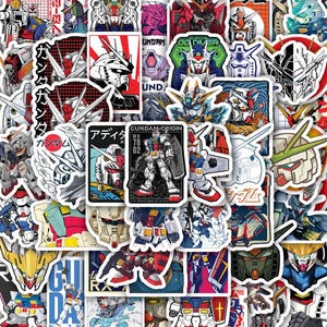 May include: A collection of assorted vinyl stickers featuring various Gundam robot characters in diverse poses, color schemes, and artistic styles, including detailed mechanical illustrations and Japanese text characters.