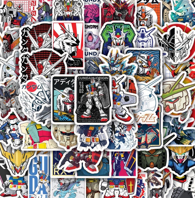 May include: A collection of assorted vinyl stickers featuring various Gundam robot characters in diverse poses, color schemes, and artistic styles, including detailed mechanical illustrations and Japanese text characters.
