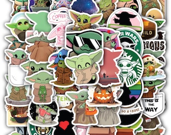Baby Sticker Sheet Y0.da -Cute Green Alien Inspired Vinyl Decals 40 designs (4 Sheets).