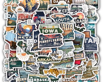 USA States Sticker Sheet - 40 States Decal Pack, Vinyl Waterproof Stickers for Water Bottle, Laptop Decal, Travel Gift, Planner Stickers
