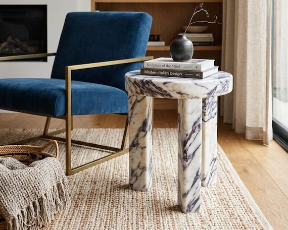 Calacatta Marble Side Table, Luxury Natural Stone End Table Unique Coffee