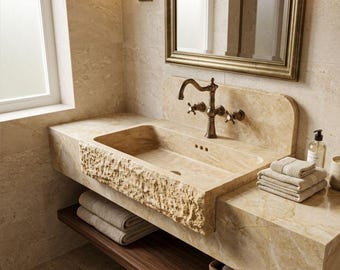 Tocador de baño flotante rústico hecho a mano en piedra travertino cincelada con encimera integrada.