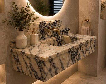 Calacatta Viola Marble Sink with Integrated Backsplash Wall Mounted Floating Vanity Luxury Stone Basin