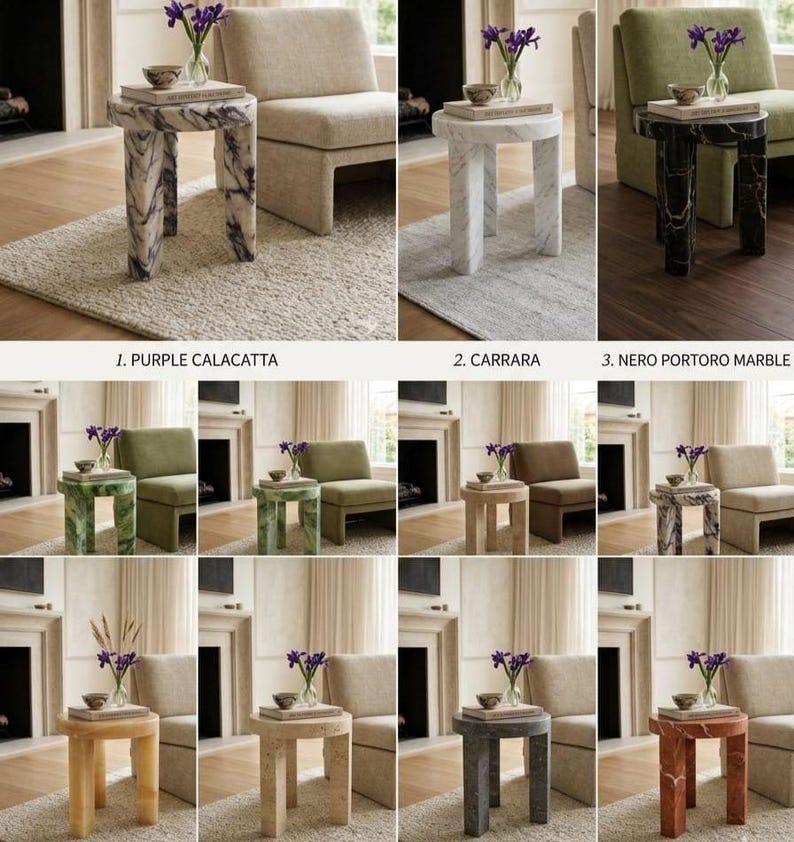 K&ouml;nnte beinhalten: Eine Sammlung von Marmor-Beistelltischen in verschiedenen Farben und Mustern, darunter Lila, Wei&szlig;, Schwarz, Gr&uuml;n und Beige. Jeder Tisch hat eine quadratische oder runde Oberseite und einen passenden Sockel. Die Tische werden mit einer Blumenvase und einer kleinen Schale pr&auml;sentiert.