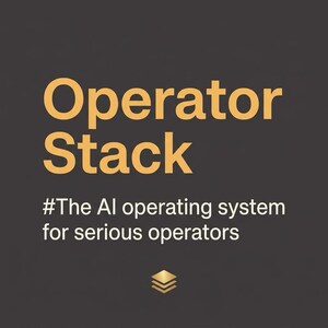 May include: A dark gray background with the words "Operator Stack" in large, gold letters. Below, smaller white text reads "#The AI operating system for serious operators." A gold stack of three squares is at the bottom.