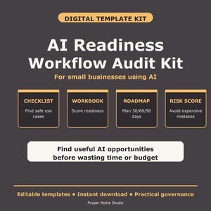 Könnte beinhalten: Ein dunkelgraues digitales Vorlagen-Kit mit dem Titel AI Readiness Workflow Audit Kit für kleine Unternehmen, die KI nutzen. Es enthält eine Checkliste, ein Arbeitsbuch, eine Roadmap und einen Risikoscore. Text: Find useful AI opportunities.