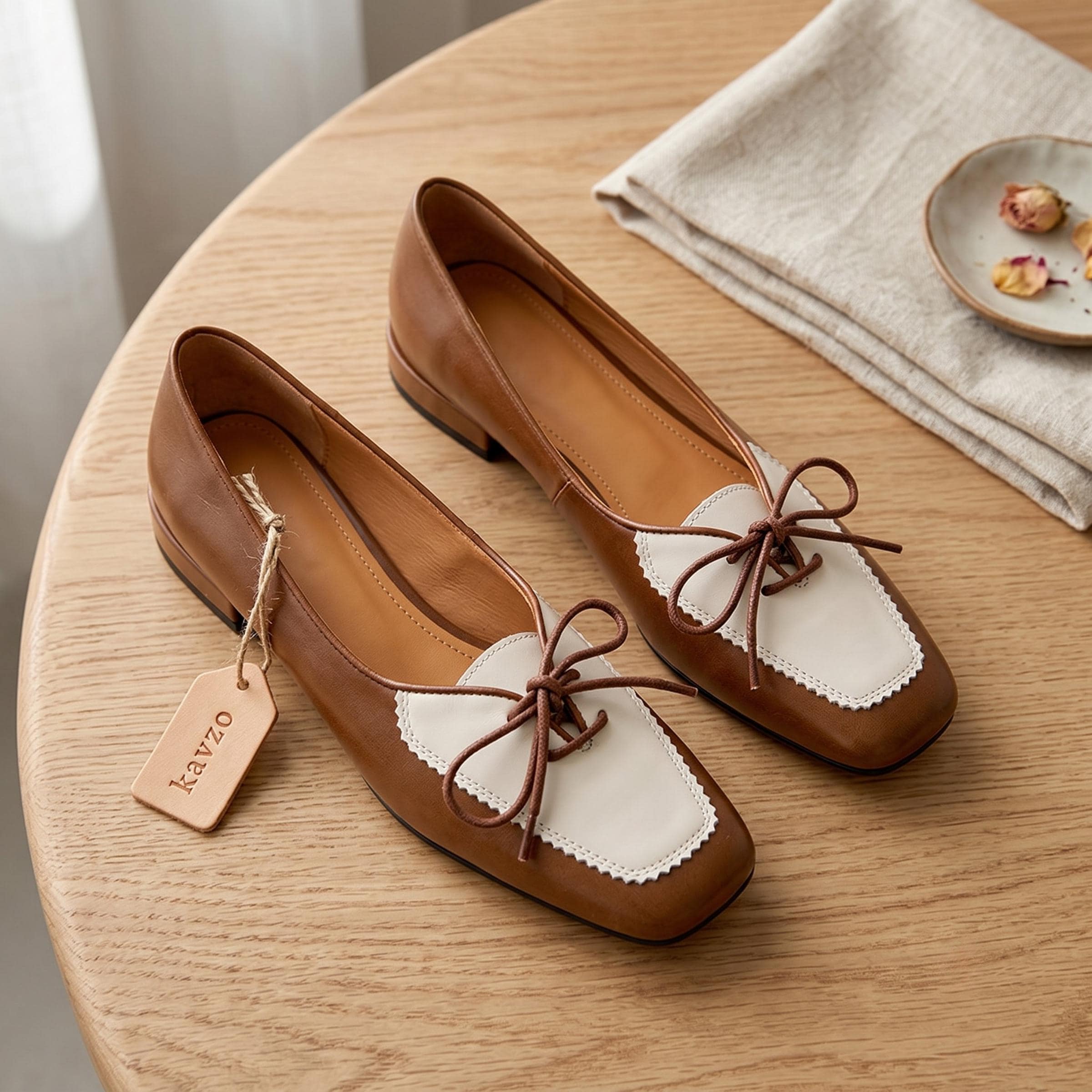 Two Tone Leather Loafers - Square Toe Ballet Flats with Bow - Low Heel…