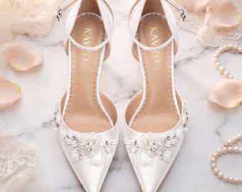 Zapatos de novia, tacones de boda con cuentas, zapatos de salón de punta, calzado para damas de honor, tacones de fiesta.
