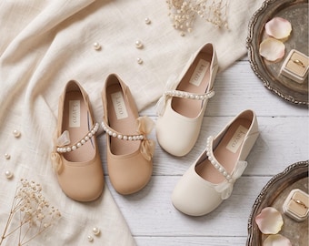 Pearl Strap Mary Janes - Low Heel Flat - Wedding Shoes - Ballet Slippers - Party Shoes
