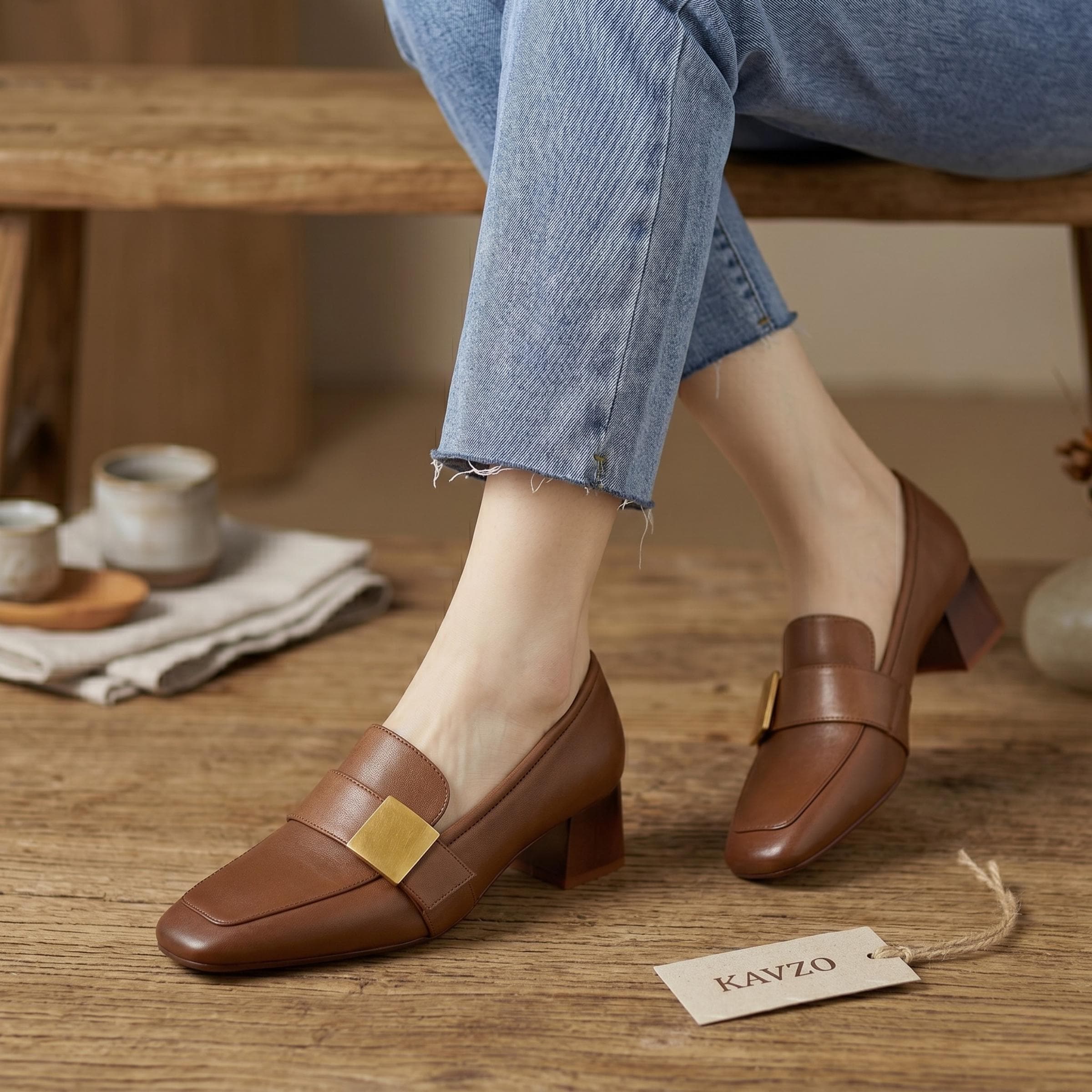 Leather Square Toe - Block Heels - Comfortable Work Shoes - Slip On -…
