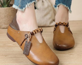Handmade Leather Flats - Comfortable Soft Sole Slip On - Daily Walking Shoes