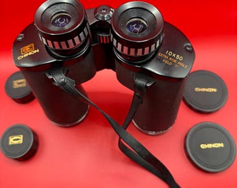 Vintage Chinon 10×50 Extra Wide Angle Binoculars – Japan Made Optics with Case & Caps – Retro Porro Prism Collectible