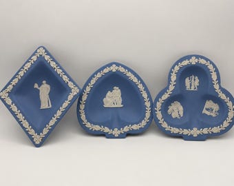 Set of 3 Authentic Wedgwood Blue Jasperware Shaped Trinket Dishes