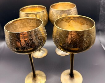 Vintage Nickel Goblets Set of 4 – Hand Engraved Floral Metal Cups – P.N.S. Nickel Silver – Boho Barware / Home Decor